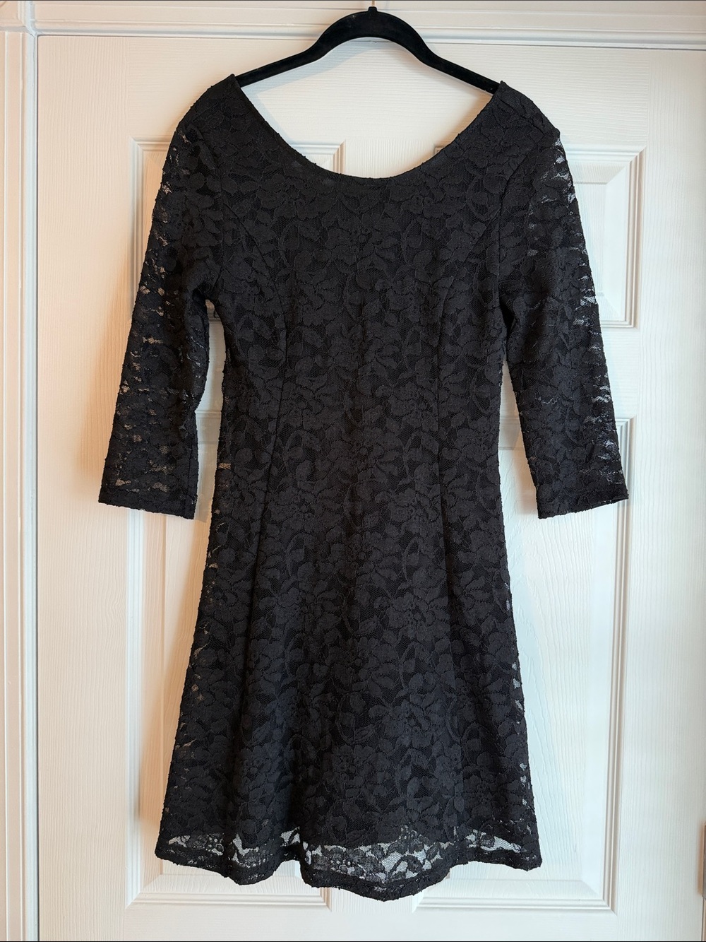 Lush Black Floral Lace A-Line Dress with Three-Quarter Sleeves